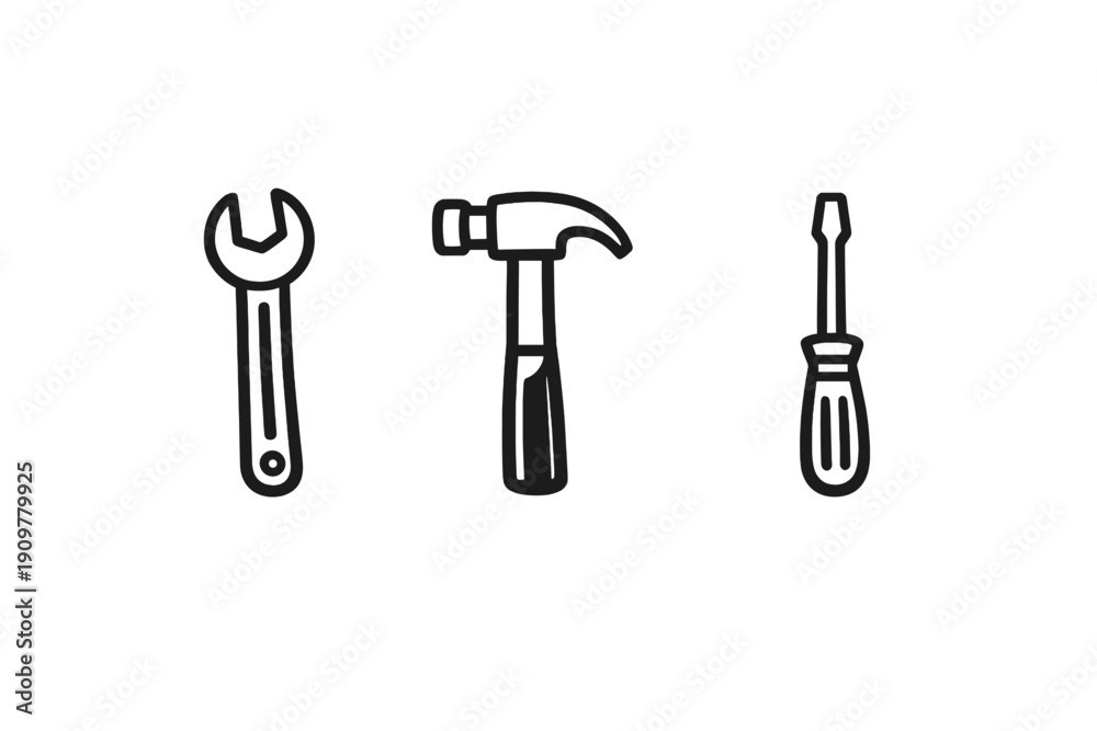 Naklejka premium A minimalist black and white illustration featuring three hand-drawn tool icons: a wrench, a hammer, and a screwdriver, arranged horizontally on a plain white background.