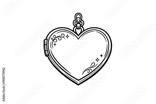 This minimalist line art drawing depicts a heart-shaped locket adorned with delicate swirls and star motifs. The elegant jewelry design is presented on a solid black background.