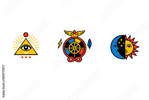 Three mystical symbols featuring an eye in a triangle, a colorful wheel with a winged crown, and a combined sun and moon face set against a solid black background.
