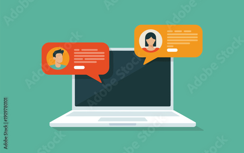 People communicate online using a modern laptop computer with chat bubbles on a vibrant green background