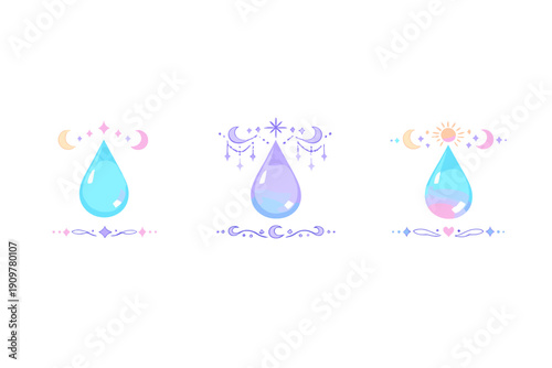 Three vertical panels featuring magical teardrop illustrations with celestial elements like crescent moons, stars, and suns in pastel colors against a solid black background.