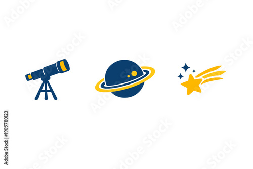 A set of three minimalist space icons featuring a blue telescope on a tripod, a ringed planet with yellow spots, and a yellow shooting star, all set against a solid black background.