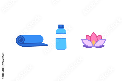A flat vector illustration featuring a rolled blue yoga mat, a blue water bottle, and a pink lotus flower icon arranged horizontally against a solid black background.