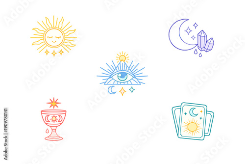A collection of five mystical and celestial icons featuring a sun with a face, crescent moon with crystals, an all-seeing eye, a chalice, and tarot cards on a black background.