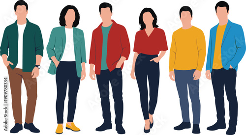 Minimalist vector illustration of a diverse group of professional men and women standing together in stylish casual business attire