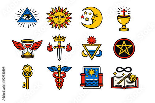 A collection of twelve mystical and esoteric icons featuring symbols like the sun, moon, eye of providence, pentagram, and caduceus in a bold graphic style on a black background.