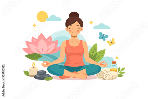 A vector illustration of a woman meditating in a lotus pose surrounded by a pink lotus flower, spa elements like candles and stones, and nature motifs like butterflies and clouds.