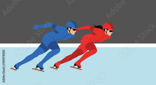 Two speed skaters in blue and red racing on ice rink, side view, winter sports competition