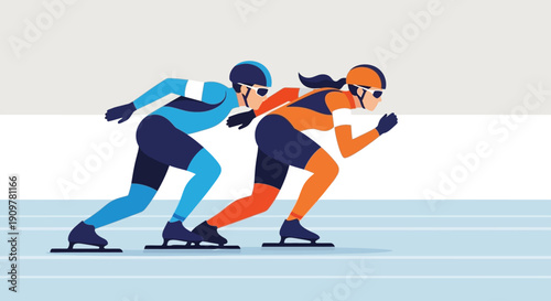 Two speed skaters in motion on ice track, side by side, in competitive racing event from front viewpoint