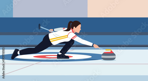 An illustration of a female athlete in a white and yellow uniform playing curling, pushing a stone on an ice rink with target circles.