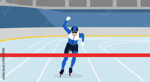 A speed skater in a blue and white suit crosses the red finish line on an ice rink, raising an arm in victory after a race.