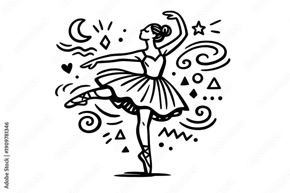 Fototapeta premium A black and white line art illustration of a ballerina dancing gracefully surrounded by celestial elements like stars and a crescent moon, featuring a whimsical doodle style.