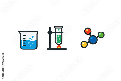 Three colorful science icons featuring a beaker with blue liquid, a test tube being heated on a stand with green fluid, and a molecular structure model on a black background.