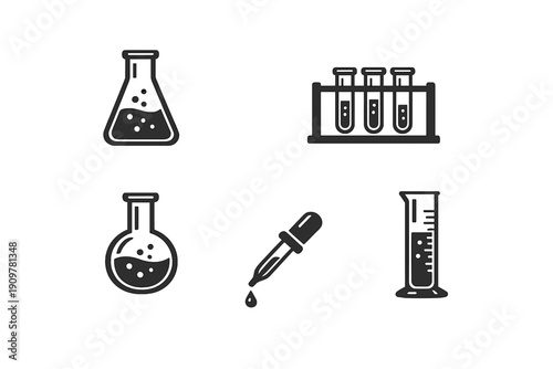 A collection of five black and white laboratory equipment icons including an Erlenmeyer flask, test tubes in a rack, a round-bottom flask, a dropper, and a graduated cylinder on a white background.