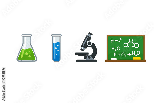 A collection of four science icons including an Erlenmeyer flask with green liquid, a blue test tube, a microscope, and a chalkboard with chemical formulas on a black background.