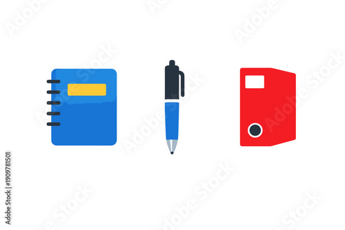 A flat illustration of office supplies featuring a blue spiral notebook with a yellow label, a blue ballpoint pen, and a red ring binder folder isolated on a black background.
