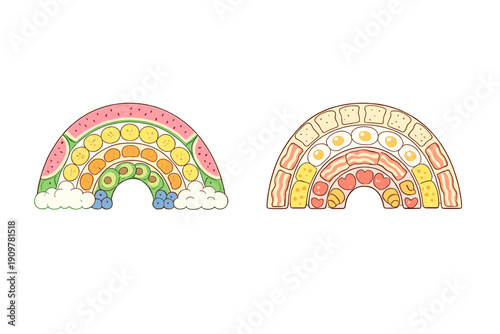 Two stylized rainbows made of food items on a black background. One rainbow features fruit like watermelon and bananas, while the other shows breakfast items like eggs and bacon.