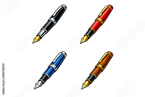 A set of four fountain pens in black, red, blue, and wood-grain finishes, each featuring a metallic nib and clip, presented as vector illustrations on a solid black background.