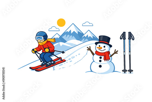 A cartoon skier in a red jacket and blue helmet glides down a snowy mountain slope past a friendly snowman wearing a black top hat and red scarf under a bright yellow sun.