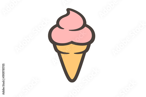 This minimalist illustration features a pink soft-serve ice cream swirl sitting on a yellow wafer cone, designed with a thick dark outline against a solid black background.