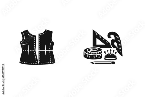 A black and white illustration featuring a garment pattern for a vest alongside various tailoring tools like a measuring tape, rulers, a pincushion, and a pencil on a black background.