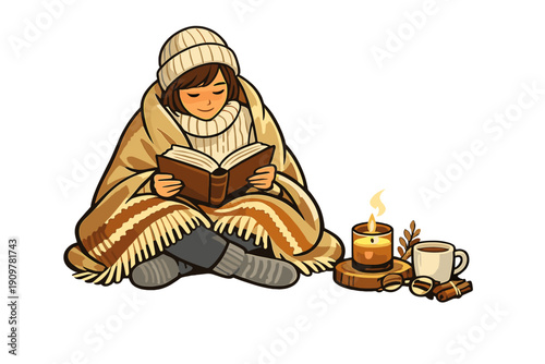 An illustration of a person wrapped in a warm blanket and wearing a beanie, sitting cross-legged while reading a book next to a lit candle, a cup of coffee, and glasses on a black background.