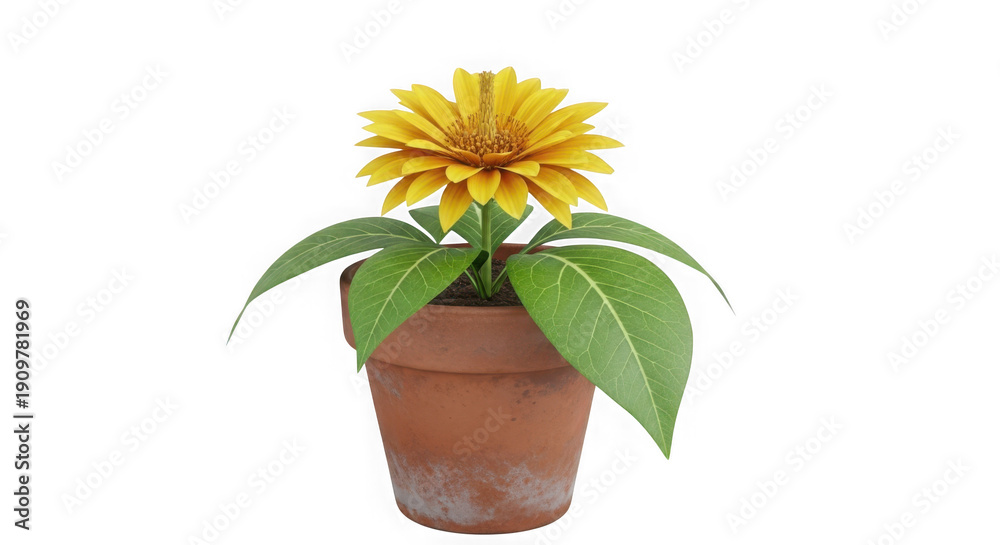 Obraz premium Bright yellow sunflower in a small terracotta pot against white background