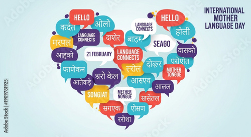 International mother language day greeting card with colorful heart shaped speech bubbles in multiple languages on light blue background