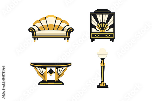 A collection of four Art Deco furniture pieces including a shell-shaped sofa, a decorative cabinet, a console table, and a floor lamp, all featuring black, gold, and cream geometric designs.