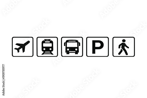 A row of five black transportation icons on a white background including an airplane, train, bus, parking sign, and a walking person symbol for navigation and travel.