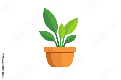 A minimalist vector graphic features a vibrant green houseplant with five leaves sitting in a classic orange clay pot, presented on a plain black background.