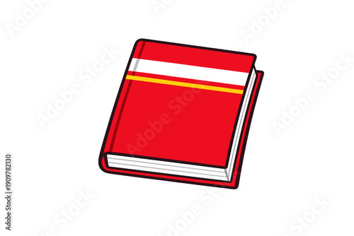 A cartoon illustration of a closed red book with a black and yellow stripe on the front cover. The book is shown at an angle with white pages visible at the bottom edge.