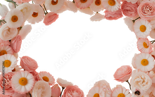 Fresh pink and white flowers arranged in an asymmetrical circular frame on  transparent background fresh flowers