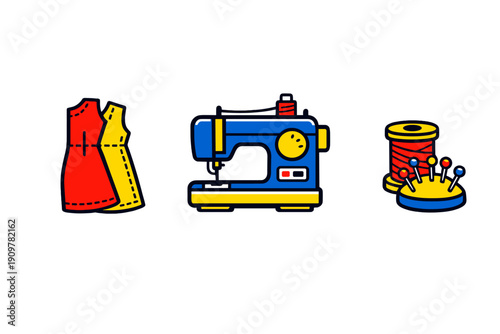 A set of three colorful sewing icons featuring a red and yellow dress pattern, a blue sewing machine, and a spool of thread with a pincushion against a black background.