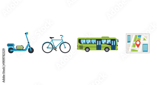 Transportation icons including scooter bicycle bus and map