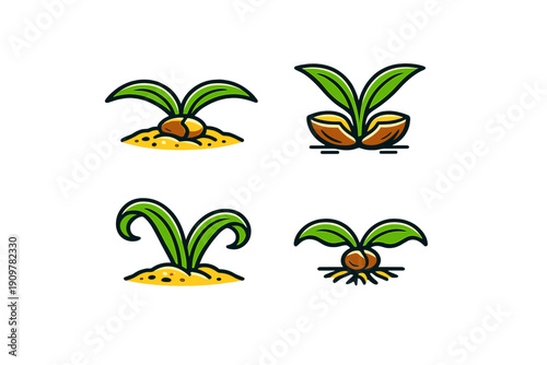 A set of four vector illustrations depicting green sprouts emerging from seeds and yellow soil. Each graphic features bold black outlines and vibrant colors on a dark background.