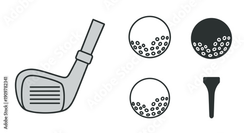 Golf club and balls with tee on for sports