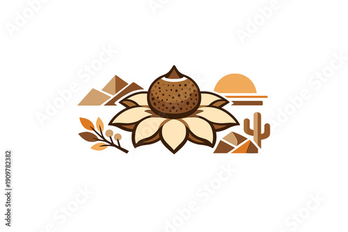 A stylized flat illustration of a desert landscape featuring a central flower, mountains, a cactus, and a setting sun in earthy brown and orange tones against a black background.