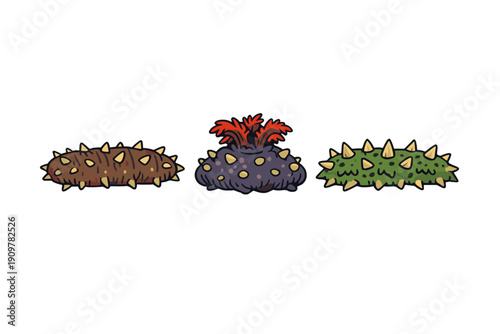 A set of three illustrated marine creatures resembling sea cucumbers in brown, purple, and green colors. Each organism has yellow spikes or bumps on a dark black background.