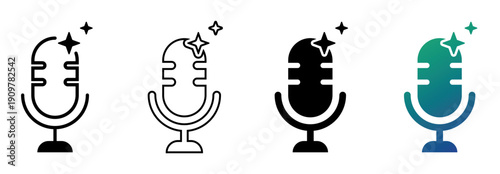 Microphone Icon Set with Sparkles for AI Audio Enhancement and Podcasting | Vector Microphone Symbols Collection with Sparkle Accents for Radio and Recording | Modern Voice Recording Icons