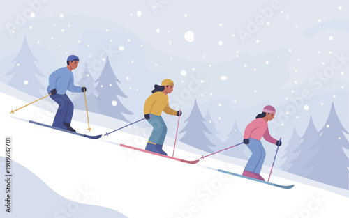 Three skiers enjoy descending a snow covered mountain slope amidst falling snowflakes and evergreen trees