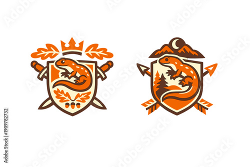 Two vector crests featuring orange salamanders on shields. One emblem includes a crown and swords, while the other shows mountains, a moon, and arrows in a rustic outdoor style.