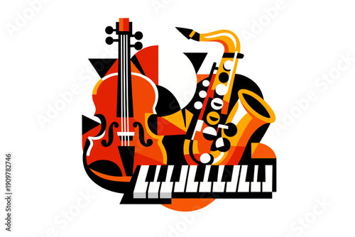 This abstract illustration features a collection of musical instruments like a saxophone, violin, and piano keys rendered in vibrant orange and red tones on a dark background.