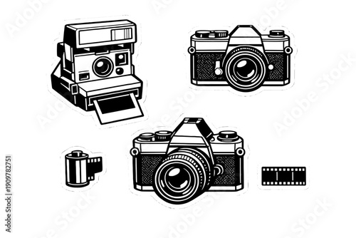 A collection of black and white sticker illustrations featuring vintage film cameras, an instant camera, a film canister, and a negative strip isolated on a black background.