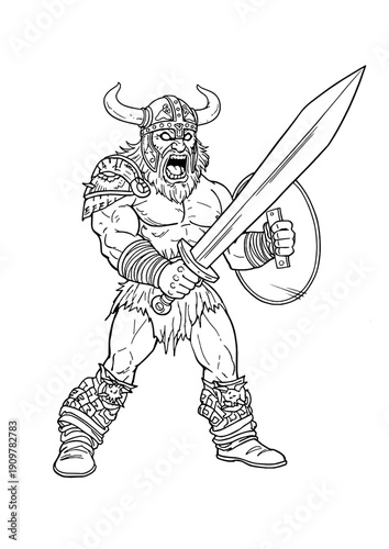 Φωτογραφία Dark Viking Berserker Warrior with Sword and Shield – Norse Fantasy Line Art Vec