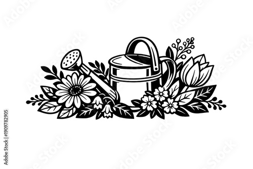 A black and white graphic illustration featuring a classic watering can surrounded by a variety of garden flowers including daisies and tulips, set against a solid black background.