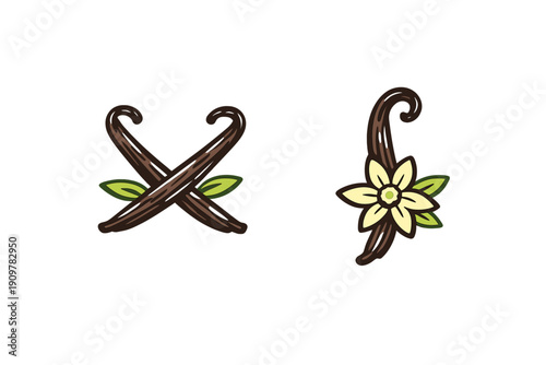 Stylized illustrations of vanilla beans and flowers on a black background. One set shows crossed beans with leaves, while the other features a single bean with a blooming flower.
