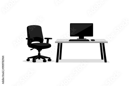 A minimalist vector illustration of a modern workspace featuring a black office chair next to a white desk with a computer monitor, keyboard, and mouse on a black background.