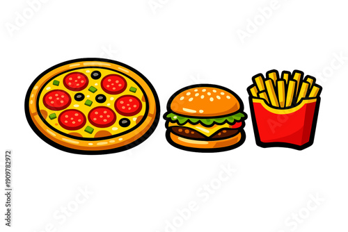 A vibrant cartoon illustration featuring a pepperoni pizza with olives, a classic cheeseburger with lettuce and cheese, and a red box of golden French fries on a black background.