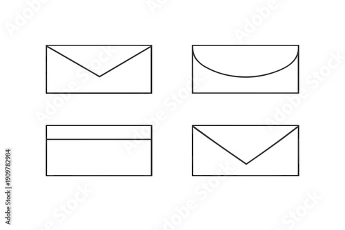A black and white illustration featuring four different styles of envelope icons arranged in a grid. Each envelope has a unique flap design including triangular and curved shapes.